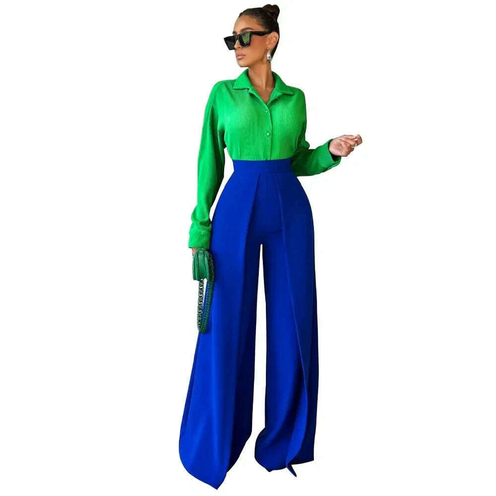 KIMLUD, Autumn Winter Solid Color Casual Wide Leg Pants Women Asymmetric Casual High Waisted Wide Leg Pants Floor Length for Women, blue / XXL, KIMLUD APPAREL - Womens Clothes