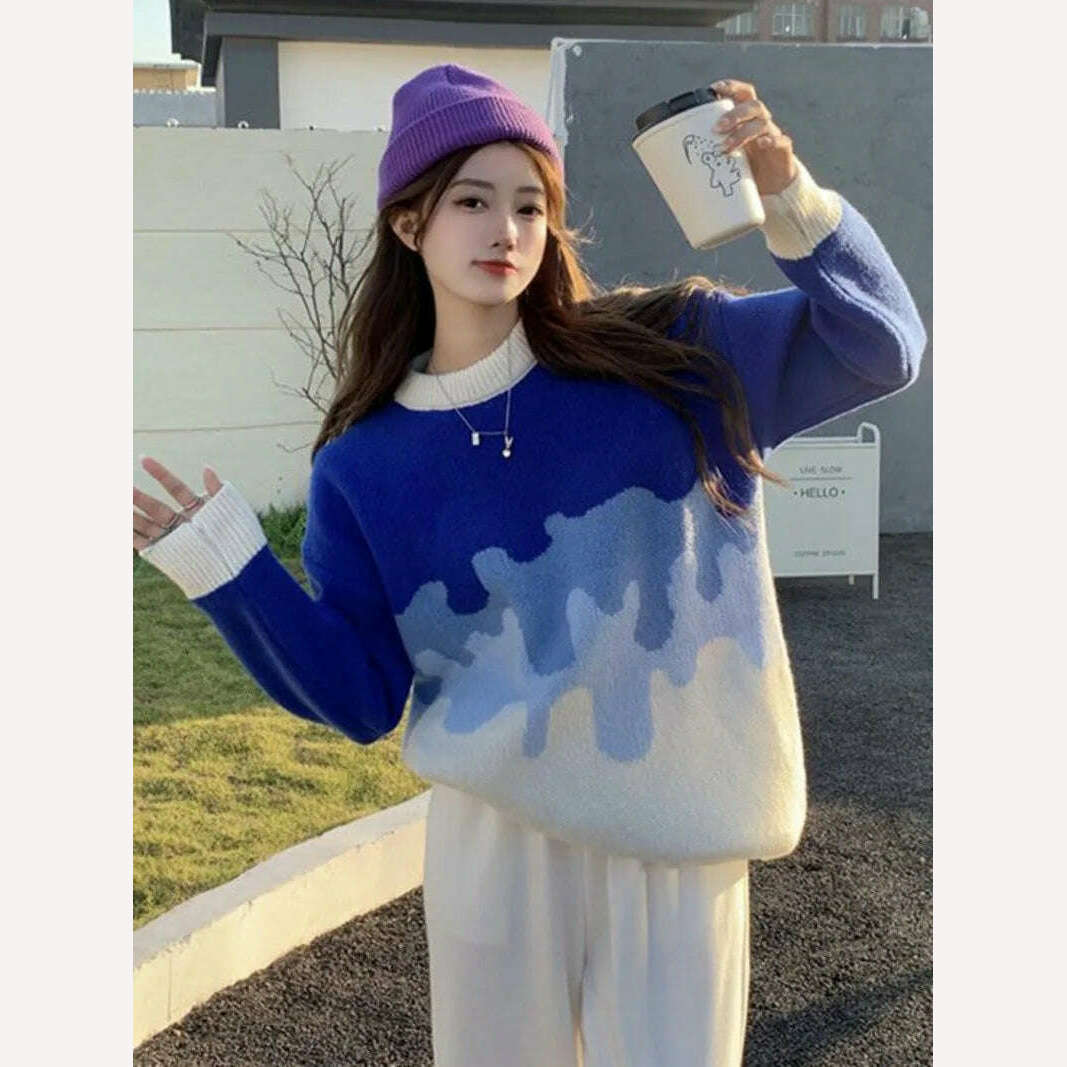 Autumn Winter Thick Sweater Ladies O-neck Sweater Long Sleeve Loose Casual Korean Style Klein Blue Top Women Jumper Femme 2022 - KIMLUD
