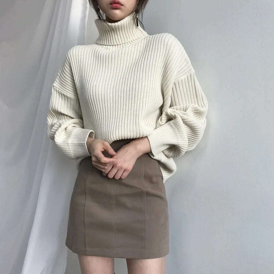 KIMLUD, Autumn Winter Turtleneck Sweater Women Pullover Korean Fashion Long Sleeve Knitwear Sweaters For Women 2023 Ladies Tops Loose, white / One Size, KIMLUD Womens Clothes