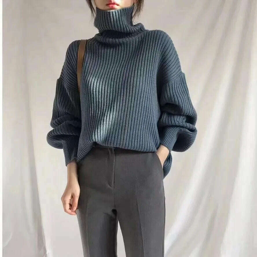 KIMLUD, Autumn Winter Turtleneck Sweater Women Pullover Korean Fashion Long Sleeve Knitwear Sweaters For Women 2023 Ladies Tops Loose, blue / One Size, KIMLUD Womens Clothes