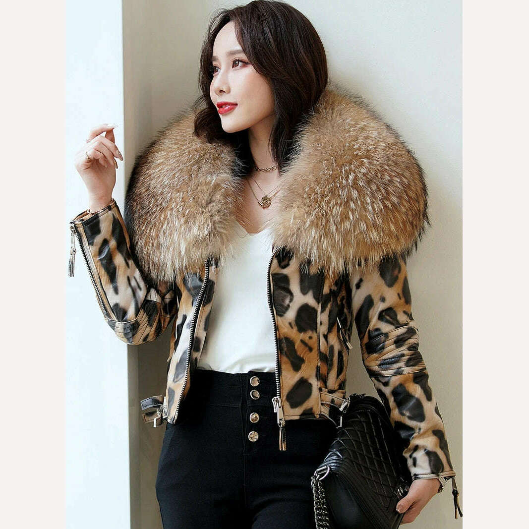 KIMLUD, Autumn Winter Women Genuine Sheepskin Leather Jacket Real Leather Coat with Ultra Large Raccoon Fur Collar Fashion Streetwear, KIMLUD Womens Clothes