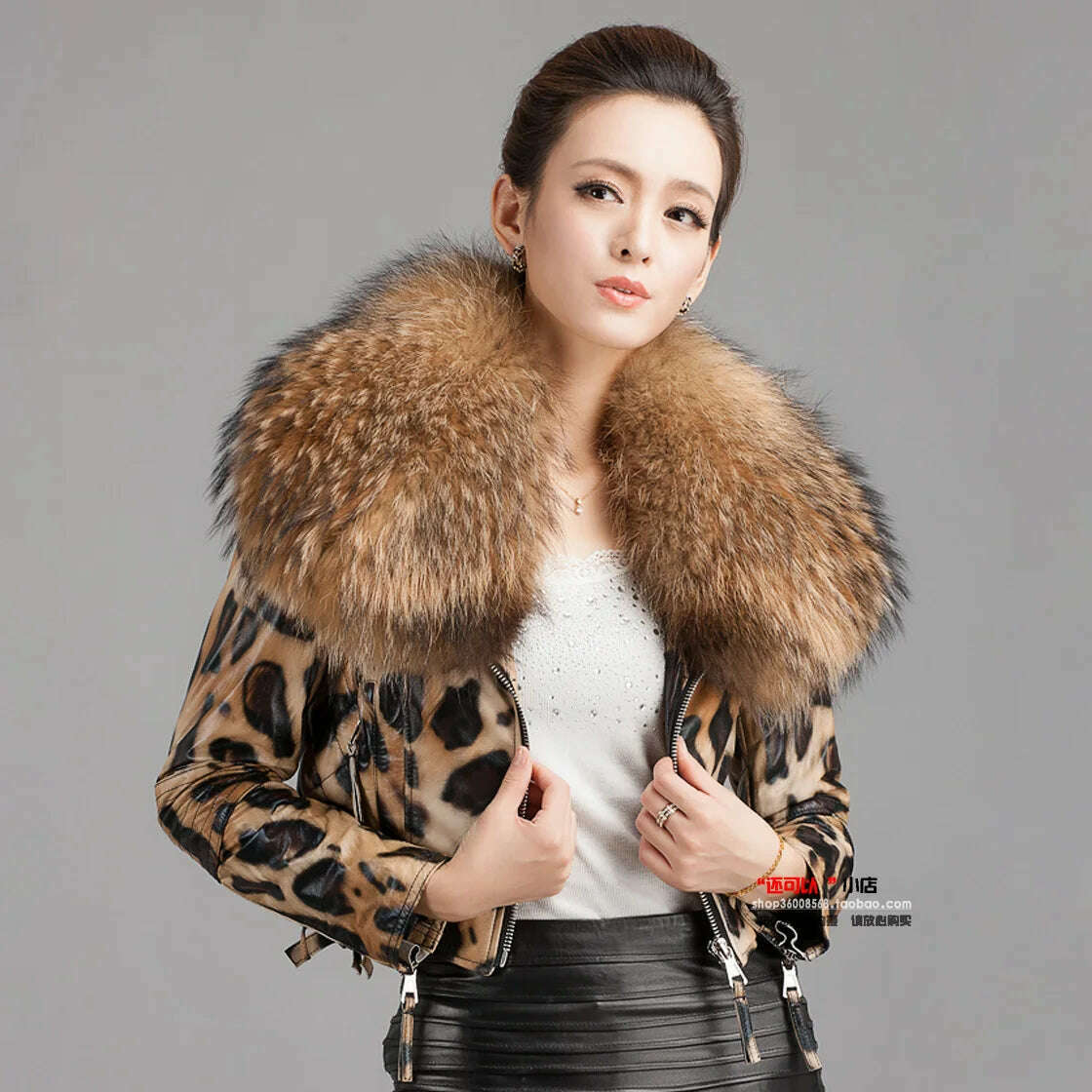 KIMLUD, Autumn Winter Women Genuine Sheepskin Leather Jacket Real Leather Coat with Ultra Large Raccoon Fur Collar Fashion Streetwear, leopard / S bust 86cm, KIMLUD Womens Clothes