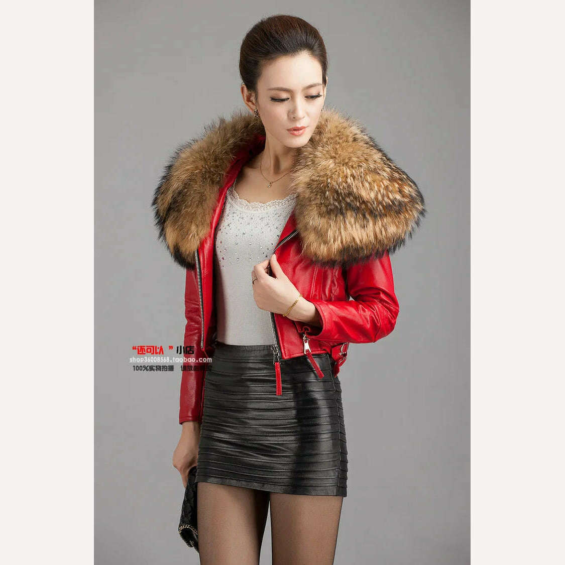 KIMLUD, Autumn Winter Women Genuine Sheepskin Leather Jacket Real Leather Coat with Ultra Large Raccoon Fur Collar Fashion Streetwear, red / S bust 86cm, KIMLUD Womens Clothes