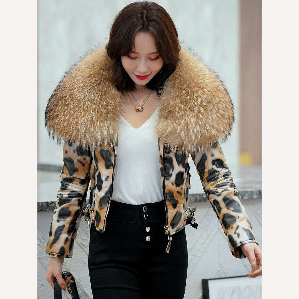 KIMLUD, Autumn Winter Women Genuine Sheepskin Leather Jacket Real Leather Coat with Ultra Large Raccoon Fur Collar Fashion Streetwear, KIMLUD Womens Clothes
