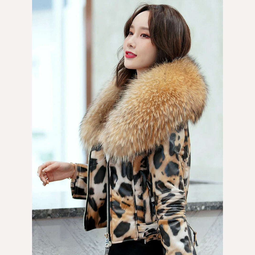KIMLUD, Autumn Winter Women Genuine Sheepskin Leather Jacket Real Leather Coat with Ultra Large Raccoon Fur Collar Fashion Streetwear, KIMLUD Womens Clothes