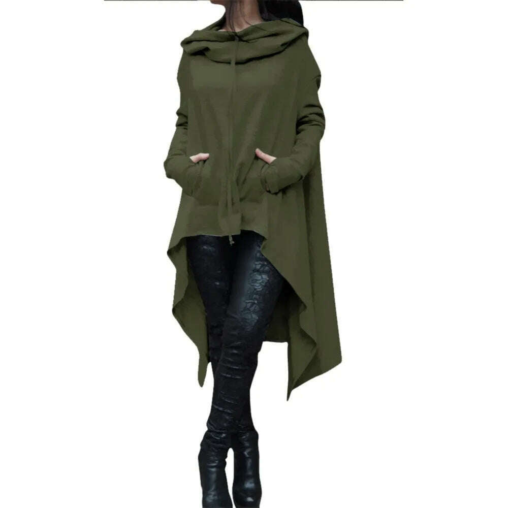 Autumn Winter Women Irregular Draw Cord Coat Long Sleeve Loose Casual Poncho Hooded Pullover Long Hoodies Sweatshirts - KIMLUD