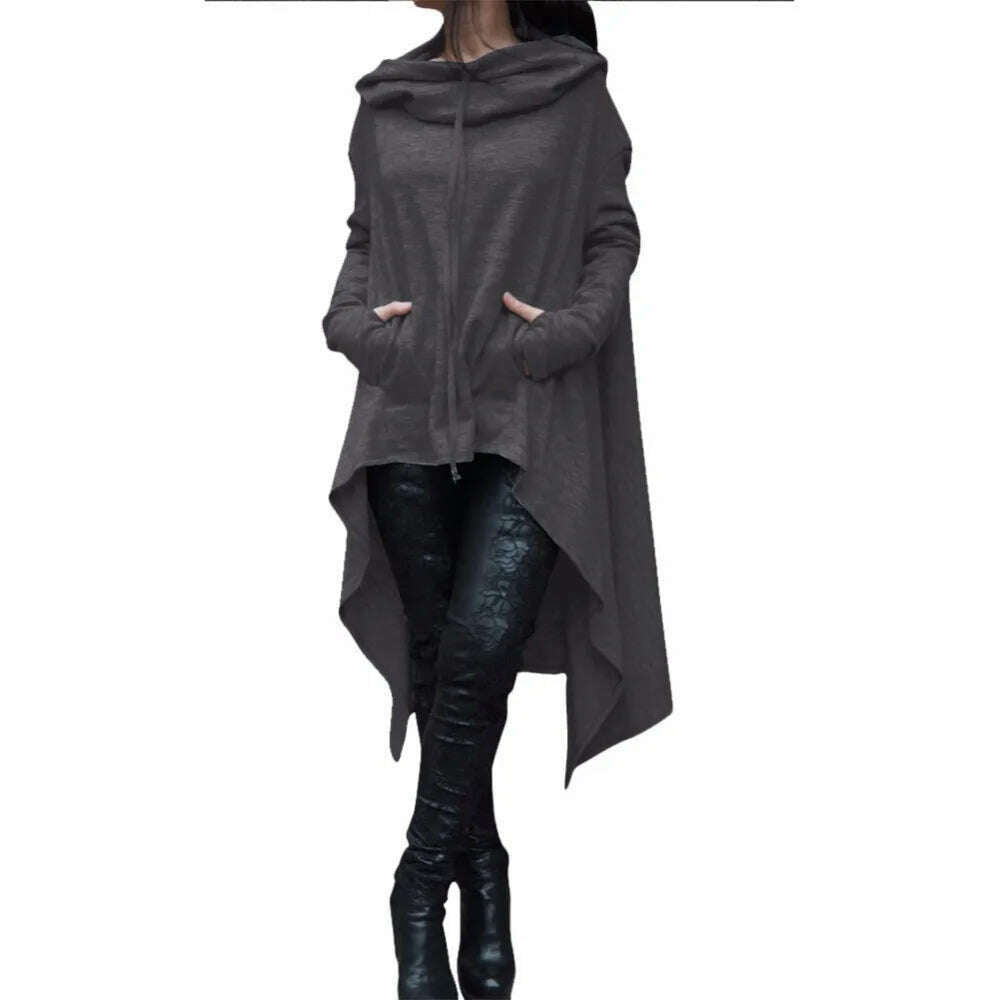 Autumn Winter Women Irregular Draw Cord Coat Long Sleeve Loose Casual Poncho Hooded Pullover Long Hoodies Sweatshirts - KIMLUD