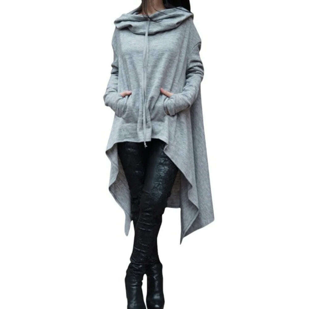 Autumn Winter Women Irregular Draw Cord Coat Long Sleeve Loose Casual Poncho Hooded Pullover Long Hoodies Sweatshirts - KIMLUD