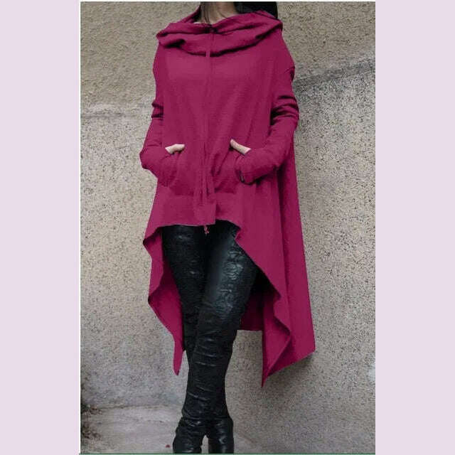 Autumn Winter Women Irregular Draw Cord Coat Long Sleeve Loose Casual Poncho Hooded Pullover Long Hoodies Sweatshirts - KIMLUD