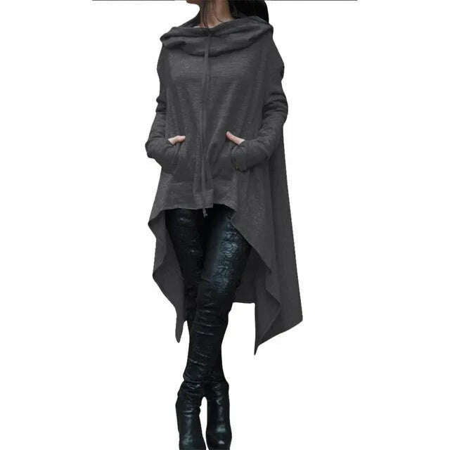 Autumn Winter Women Irregular Draw Cord Coat Long Sleeve Loose Casual Poncho Hooded Pullover Long Hoodies Sweatshirts - KIMLUD