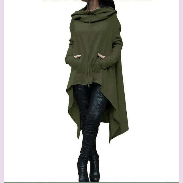 Autumn Winter Women Irregular Draw Cord Coat Long Sleeve Loose Casual Poncho Hooded Pullover Long Hoodies Sweatshirts - KIMLUD