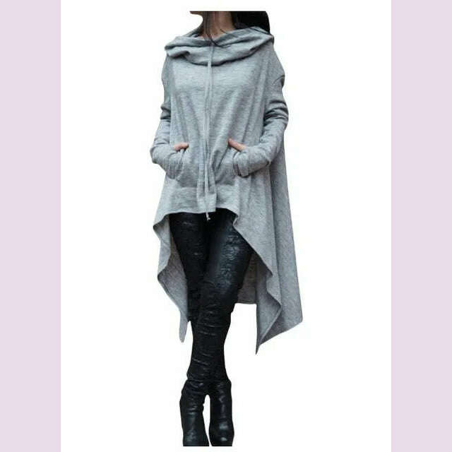 Autumn Winter Women Irregular Draw Cord Coat Long Sleeve Loose Casual Poncho Hooded Pullover Long Hoodies Sweatshirts - KIMLUD