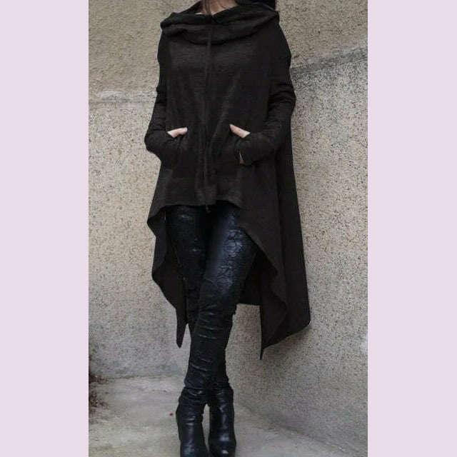 Autumn Winter Women Irregular Draw Cord Coat Long Sleeve Loose Casual Poncho Hooded Pullover Long Hoodies Sweatshirts - KIMLUD