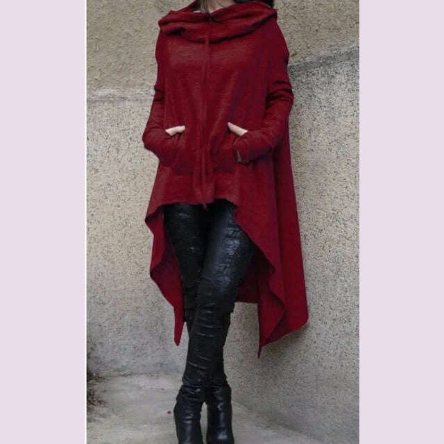 Autumn Winter Women Irregular Draw Cord Coat Long Sleeve Loose Casual Poncho Hooded Pullover Long Hoodies Sweatshirts - KIMLUD