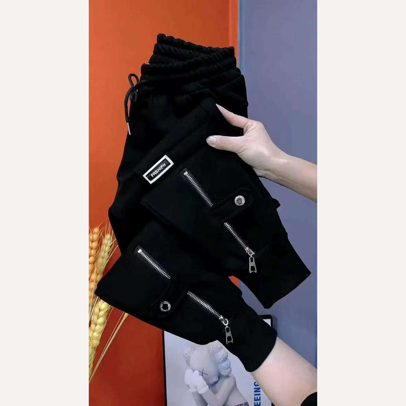 KIMLUD, Autumn Winter Women Pants Add Velvet Pants Elastic Waist Zipper Guard Harem Pants Casual Sports Trousers Female Harem Pants, KIMLUD Womens ClothesKIMLUD, Autumn Winter Women Pants Add Velvet Pants Elastic Waist Zipper Guard Harem Pants Casual Sports Trousers Female Harem Pants, Black / M 42-52KG, KIMLUD APPAREL - Womens Clothes