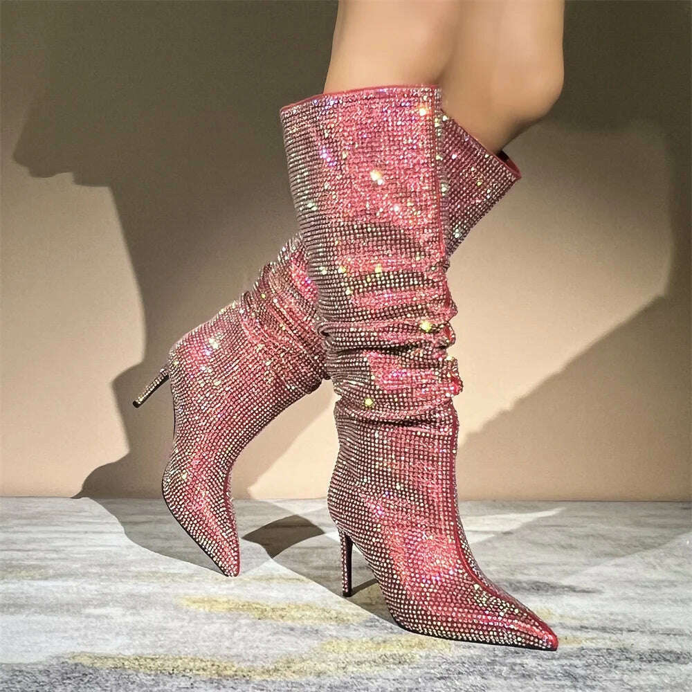 KIMLUD, Autumn Winter Women Rhinestone Knee High Boots Woman Pink Pointed Toe Stiletto High Heels Botas Mujer 2023 Party Wedding Shoes, KIMLUD Womens Clothes