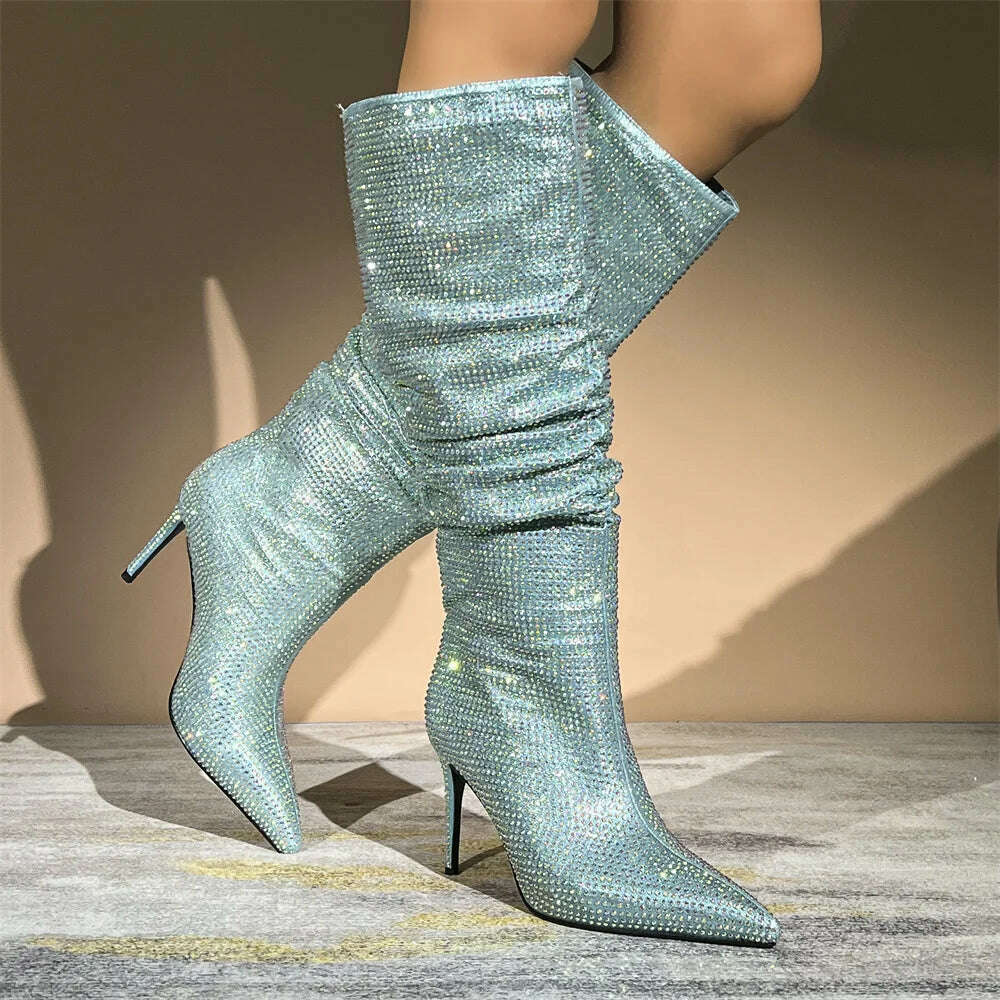 KIMLUD, Autumn Winter Women Rhinestone Knee High Boots Woman Pink Pointed Toe Stiletto High Heels Botas Mujer 2023 Party Wedding Shoes, KIMLUD Womens Clothes