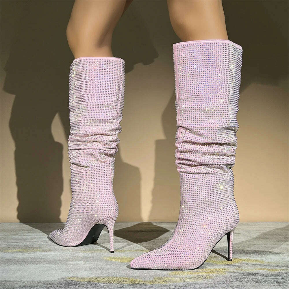 KIMLUD, Autumn Winter Women Rhinestone Knee High Boots Woman Pink Pointed Toe Stiletto High Heels Botas Mujer 2023 Party Wedding Shoes, KIMLUD Womens Clothes