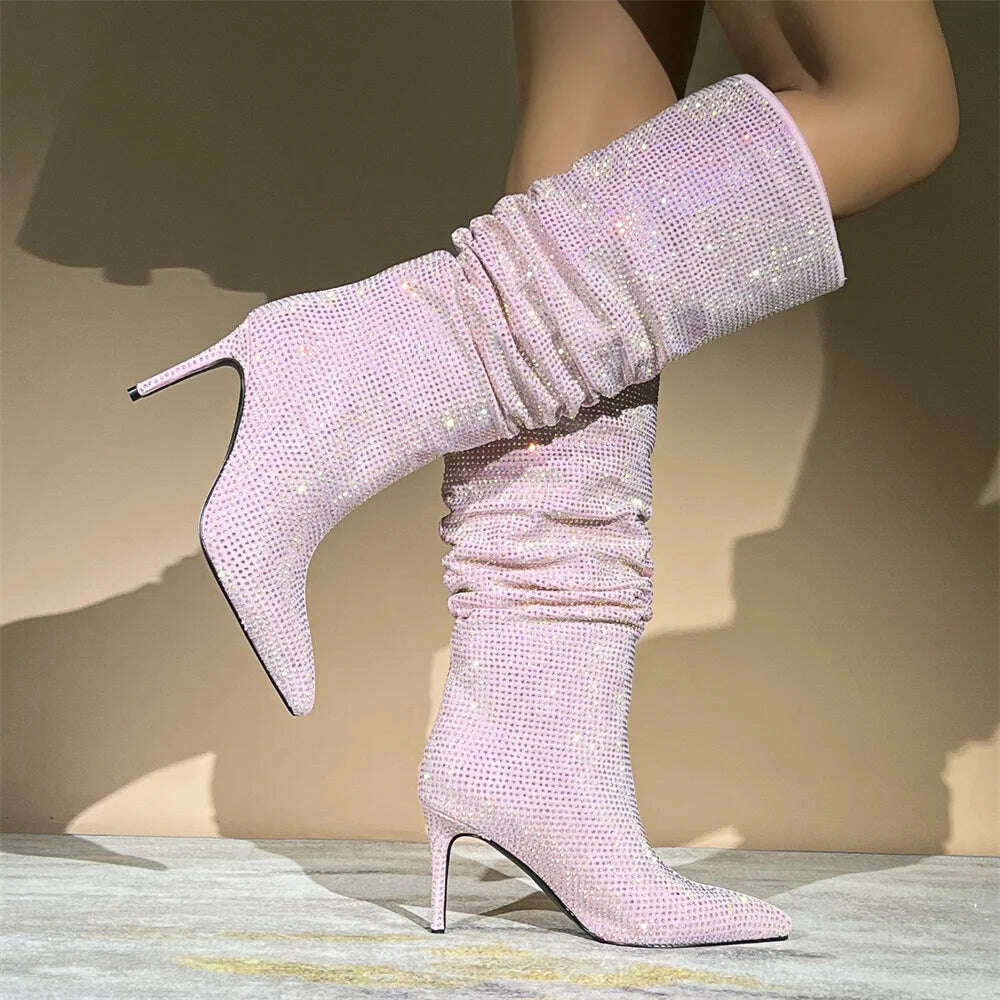 KIMLUD, Autumn Winter Women Rhinestone Knee High Boots Woman Pink Pointed Toe Stiletto High Heels Botas Mujer 2023 Party Wedding Shoes, KIMLUD Womens Clothes