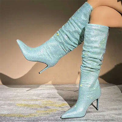 KIMLUD, Autumn Winter Women Rhinestone Knee High Boots Woman Pink Pointed Toe Stiletto High Heels Botas Mujer 2023 Party Wedding Shoes, Sky Blue / 34, KIMLUD Womens Clothes