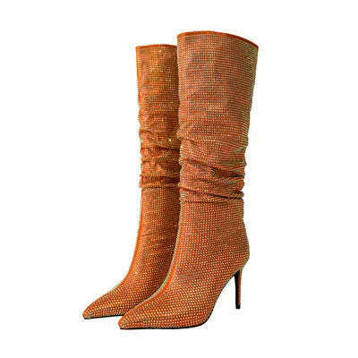 KIMLUD, Autumn Winter Women Rhinestone Knee High Boots Woman Pink Pointed Toe Stiletto High Heels Botas Mujer 2023 Party Wedding Shoes, Orange / 34, KIMLUD Womens Clothes