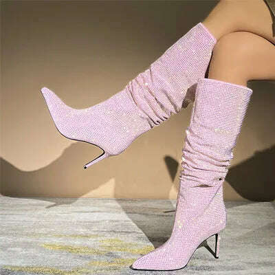 KIMLUD, Autumn Winter Women Rhinestone Knee High Boots Woman Pink Pointed Toe Stiletto High Heels Botas Mujer 2023 Party Wedding Shoes, Pink / 34, KIMLUD Womens Clothes