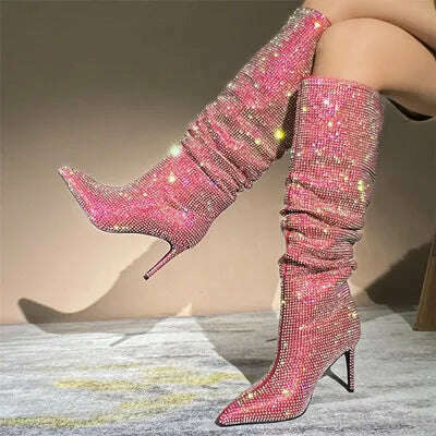 KIMLUD, Autumn Winter Women Rhinestone Knee High Boots Woman Pink Pointed Toe Stiletto High Heels Botas Mujer 2023 Party Wedding Shoes, Red / 34, KIMLUD Womens Clothes