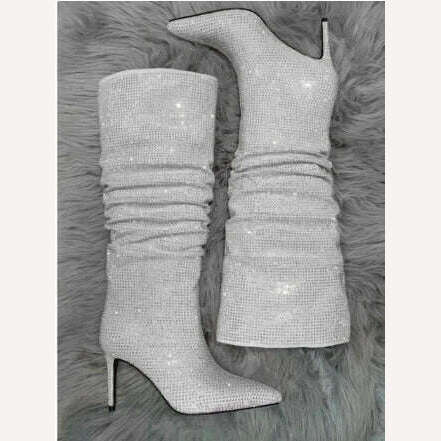 KIMLUD, Autumn Winter Women Rhinestone Knee High Boots Woman Pink Pointed Toe Stiletto High Heels Botas Mujer 2023 Party Wedding Shoes, Silver / 34, KIMLUD Womens Clothes