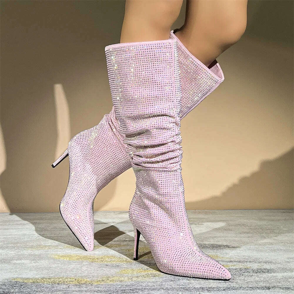 KIMLUD, Autumn Winter Women Rhinestone Knee High Boots Woman Pink Pointed Toe Stiletto High Heels Botas Mujer 2023 Party Wedding Shoes, KIMLUD Womens Clothes