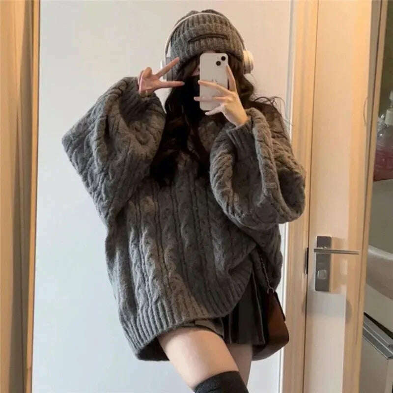 KIMLUD, Autumn Winter Women Sweater Harajuku Oversized Long Sleeve V Neck Knitted Pullover Korean Loose Solid Preppy All Match Jumper, GRAY / S, KIMLUD Womens Clothes