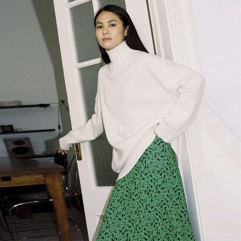 KIMLUD, Autumn Winter Women Turtleneck Loose Sweater Female Solid Long Sleeve Loose Knit Pullover Comfort Temperament Sweaters Outerwear, White / S, KIMLUD Womens Clothes