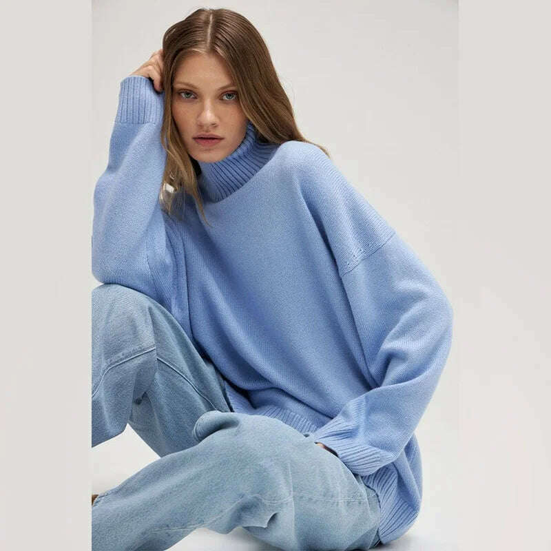 KIMLUD, Autumn Winter Women Turtleneck Loose Sweater Female Solid Long Sleeve Loose Knit Pullover Comfort Temperament Sweaters Outerwear, Light blue / S, KIMLUD Womens Clothes