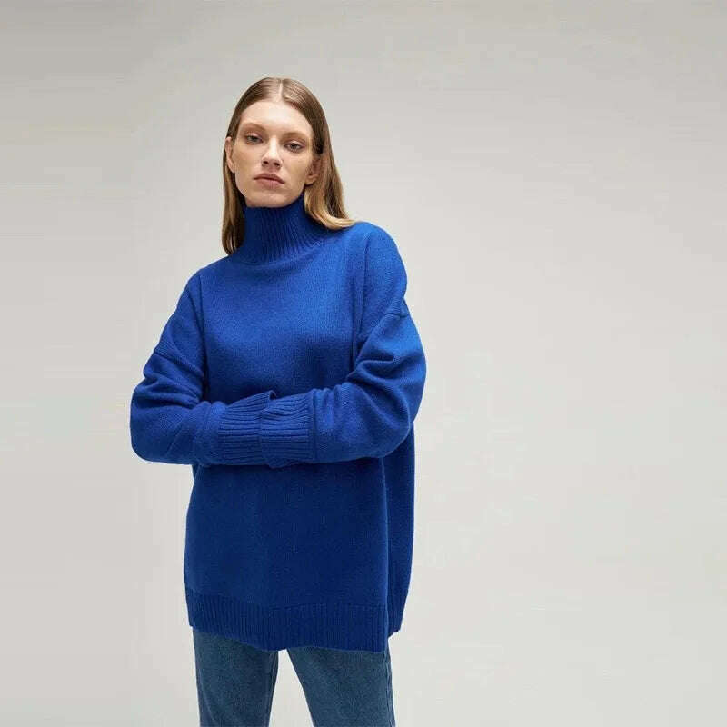 KIMLUD, Autumn Winter Women Turtleneck Loose Sweater Female Solid Long Sleeve Loose Knit Pullover Comfort Temperament Sweaters Outerwear, Sapphire blue / S, KIMLUD Womens Clothes