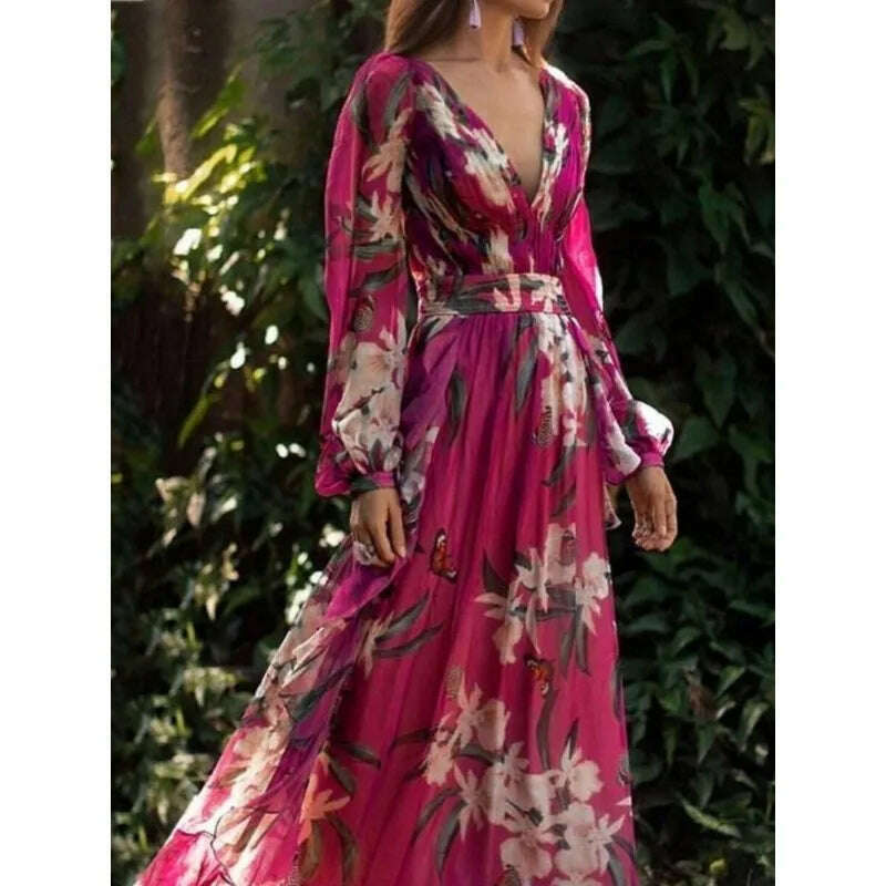 KIMLUD, Autumn Women Floral Print Boho Party Dress Y2K Clothes INS Sexy Fashion Long Sleeve V Neck Vacation Corset Floor Length Dress, KIMLUD Womens Clothes