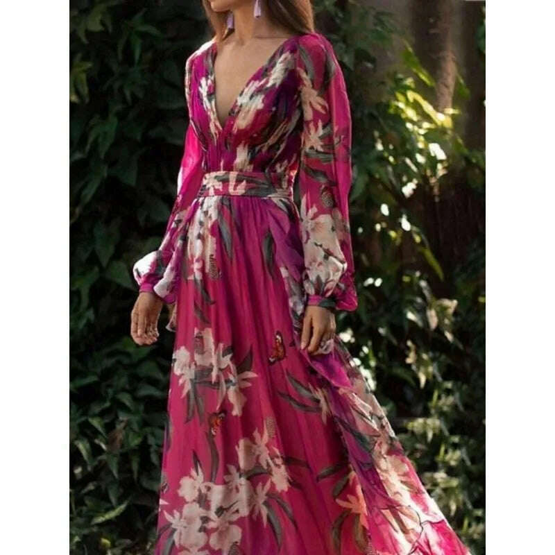 KIMLUD, Autumn Women Floral Print Boho Party Dress Y2K Clothes INS Sexy Fashion Long Sleeve V Neck Vacation Corset Floor Length Dress, 1 / S, KIMLUD Womens Clothes