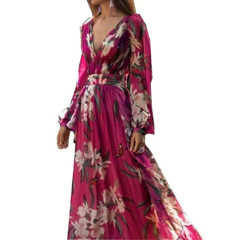 KIMLUD, Autumn Women Floral Print Boho Party Dress Y2K Clothes INS Sexy Fashion Long Sleeve V Neck Vacation Corset Floor Length Dress, KIMLUD Womens Clothes