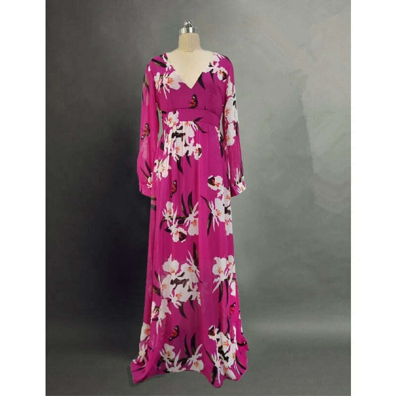 KIMLUD, Autumn Women Floral Print Boho Party Dress Y2K Clothes INS Sexy Fashion Long Sleeve V Neck Vacation Corset Floor Length Dress, KIMLUD Womens Clothes