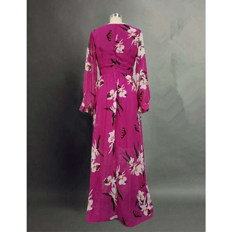 KIMLUD, Autumn Women Floral Print Boho Party Dress Y2K Clothes INS Sexy Fashion Long Sleeve V Neck Vacation Corset Floor Length Dress, KIMLUD Womens Clothes