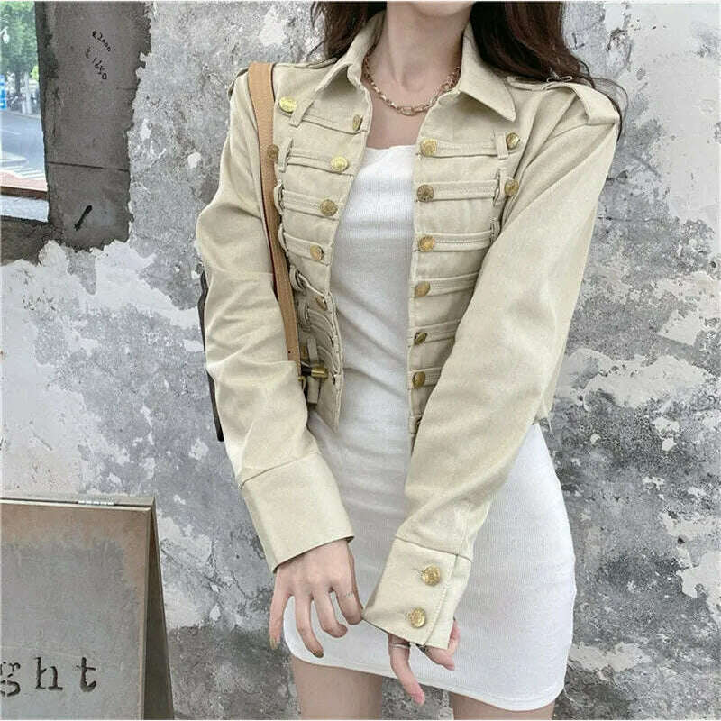 KIMLUD, Autumn Women Military Uniform Short Jackets Gold Buttons Double-breasted Jretro Jackets Long Sleeve Vintage Coats Windbreaker, KIMLUD Womens Clothes