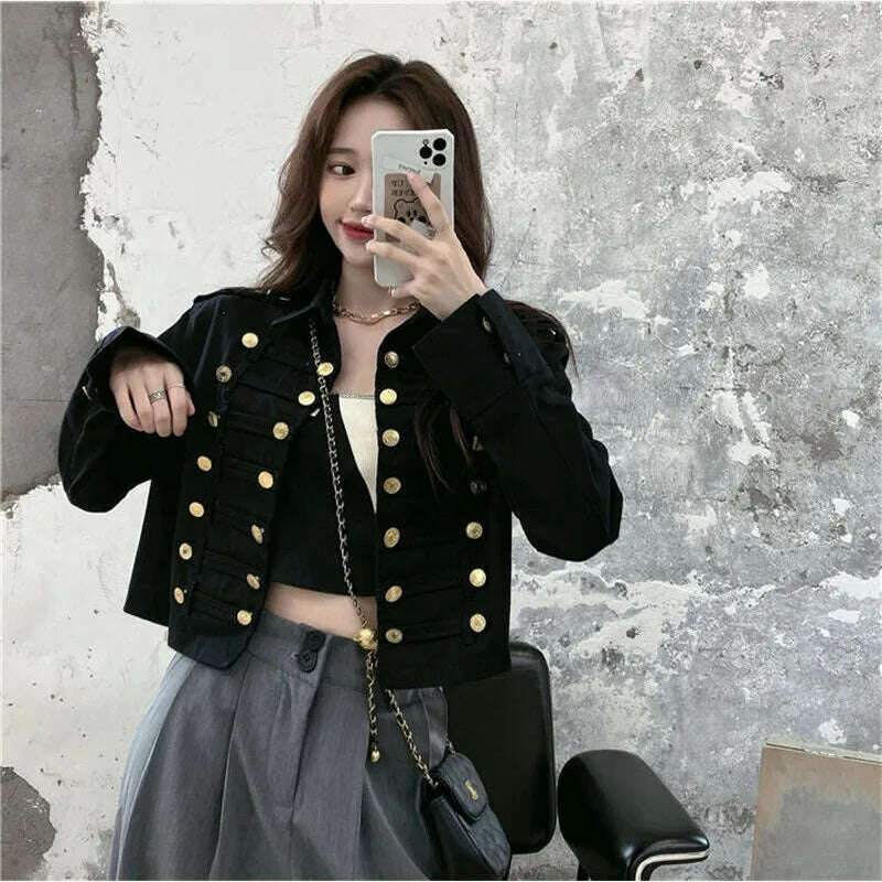 KIMLUD, Autumn Women Military Uniform Short Jackets Gold Buttons Double-breasted Jretro Jackets Long Sleeve Vintage Coats Windbreaker, KIMLUD Womens Clothes