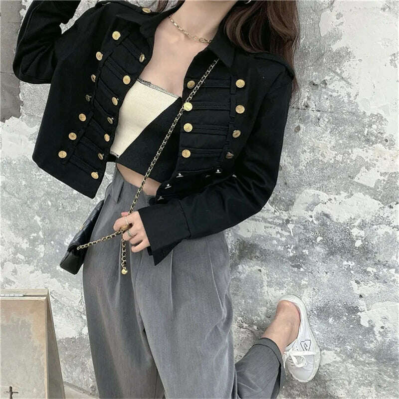 KIMLUD, Autumn Women Military Uniform Short Jackets Gold Buttons Double-breasted Jretro Jackets Long Sleeve Vintage Coats Windbreaker, KIMLUD Womens Clothes