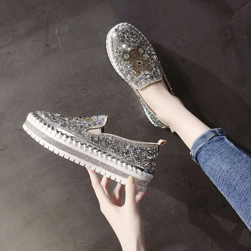 KIMLUD, Autumn Women Thick Bottom Sneaker Running Fashion Designer Woman Shoes Trend 2023 Casual Canvas Mirror Luxury Rhinestone Spring, KIMLUD Womens Clothes