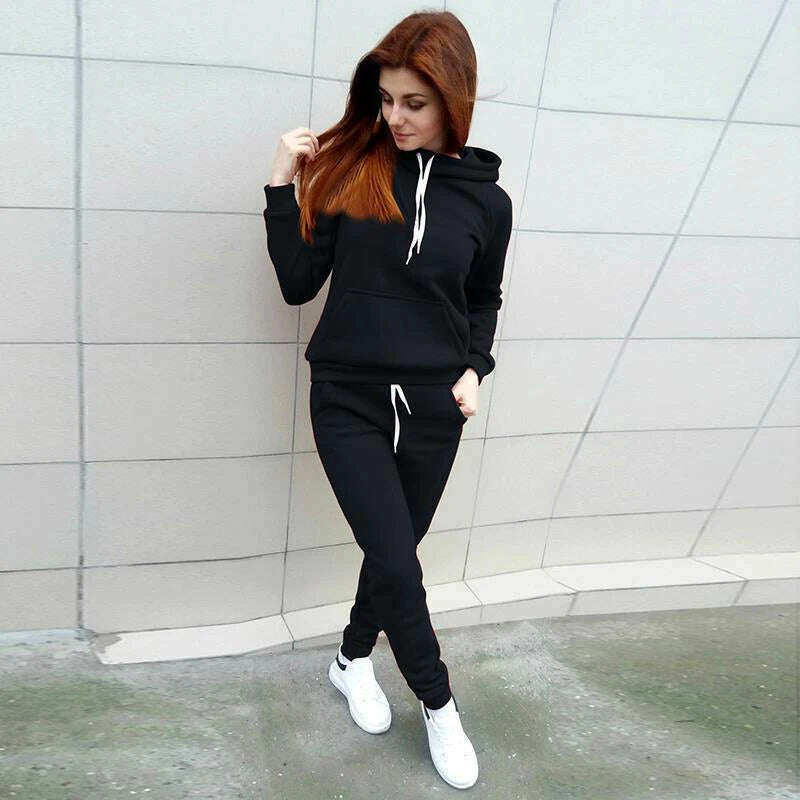 Autumn Women's Fleece Tracksuit 2 Pieces Set Pullover Hoodies+Pants Sport Suit Female Winter Warm Sweatshirt Suit for Woman - KIMLUD