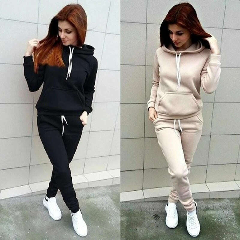 Autumn Women's Fleece Tracksuit 2 Pieces Set Pullover Hoodies+Pants Sport Suit Female Winter Warm Sweatshirt Suit for Woman - KIMLUD