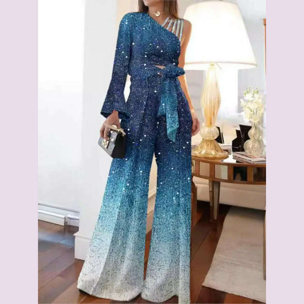 Autumn Women's New Sexy Long Sleeved Slanted Neck Off Shoulder Fashionable  Lace Up Casual High Waisted Plus Size Wide Leg Pants