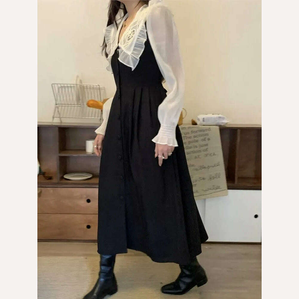 KIMLUD, Autumn Women's Vintage Dress Elegant Single-Breasted Patchwork Y2K Clothes Ladies Black Robe Korean Style Casual One Piece 2022, KIMLUD Womens Clothes