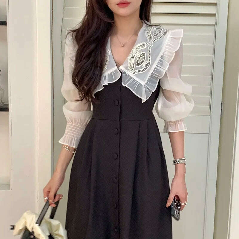 KIMLUD, Autumn Women's Vintage Dress Elegant Single-Breasted Patchwork Y2K Clothes Ladies Black Robe Korean Style Casual One Piece 2022, KIMLUD Womens Clothes