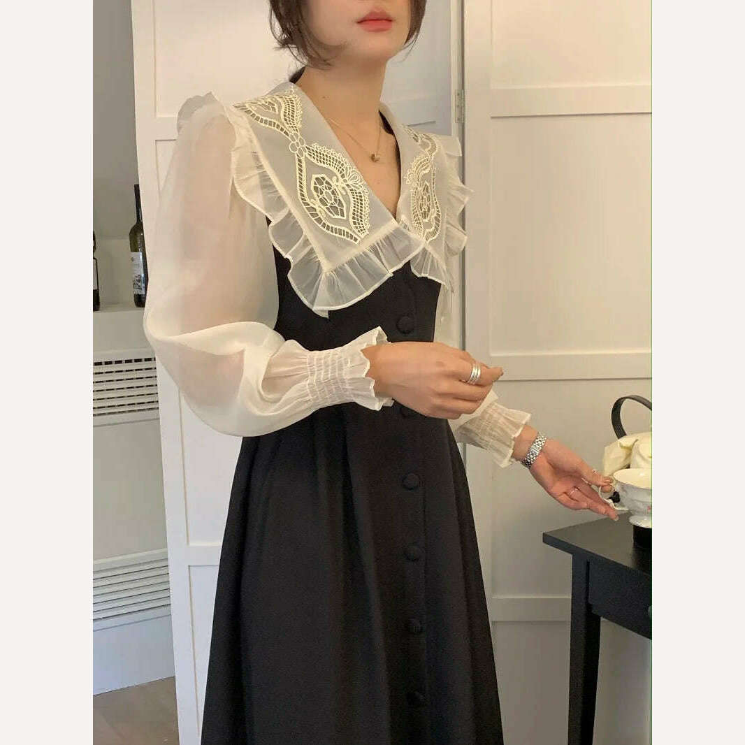 KIMLUD, Autumn Women's Vintage Dress Elegant Single-Breasted Patchwork Y2K Clothes Ladies Black Robe Korean Style Casual One Piece 2022, KIMLUD Womens Clothes