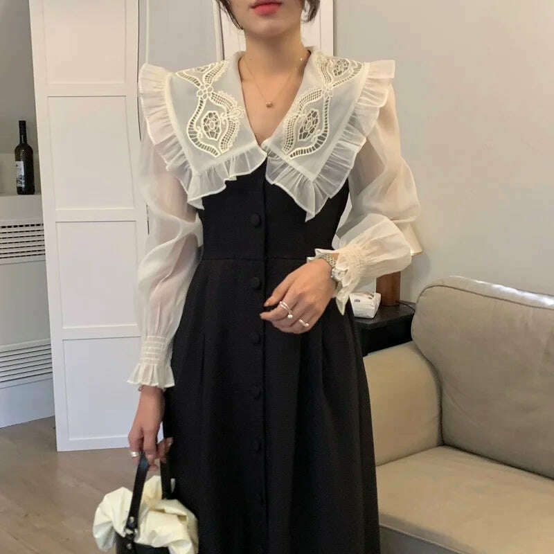 KIMLUD, Autumn Women's Vintage Dress Elegant Single-Breasted Patchwork Y2K Clothes Ladies Black Robe Korean Style Casual One Piece 2022, KIMLUD Womens Clothes