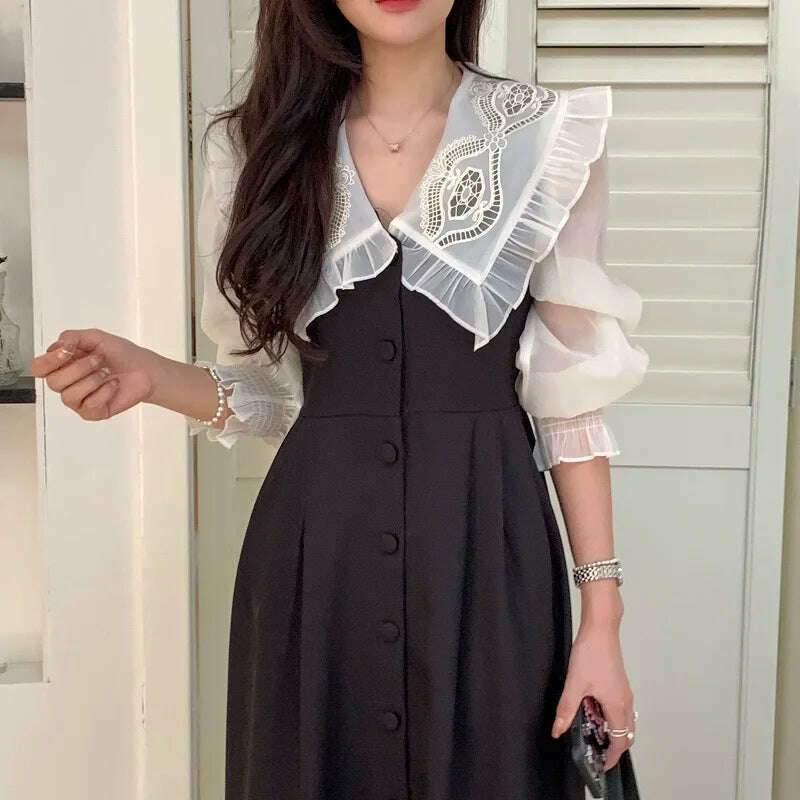 KIMLUD, Autumn Women's Vintage Dress Elegant Single-Breasted Patchwork Y2K Clothes Ladies Black Robe Korean Style Casual One Piece 2022, KIMLUD Womens Clothes
